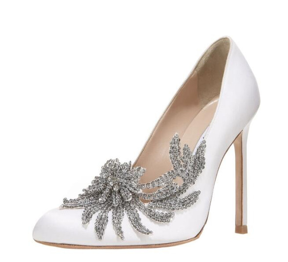 Satin Crystal Embellished Round Toe Heels