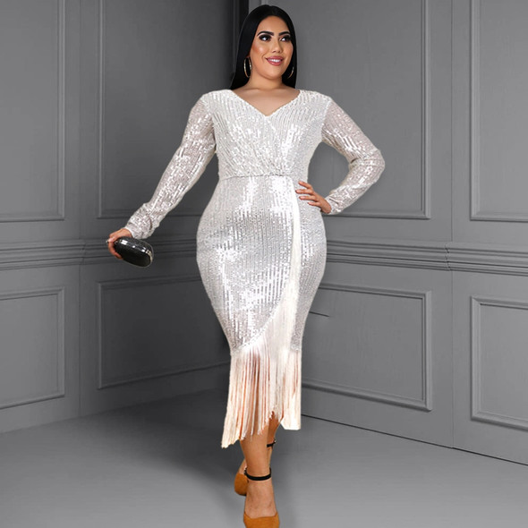 Plus Size Elegant V-neck Split Tassel Dress