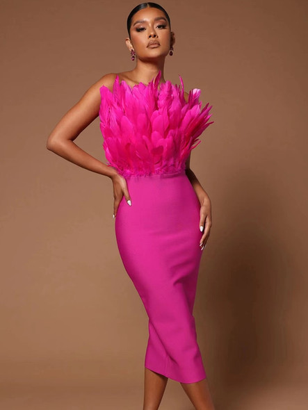 Strapless Hot Pink Feathered Midi Dress