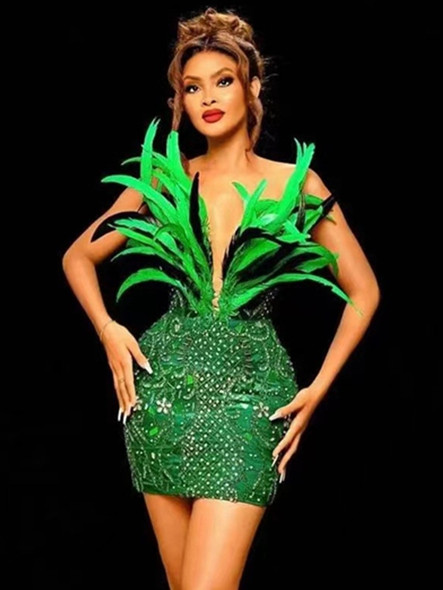 Green Mesh Sequined Feather Mini Dress