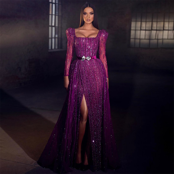 Fuchsia Long Sleeve Gown with Overskirt