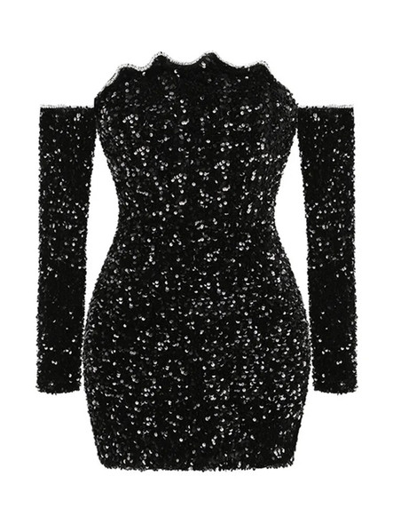 Off Shoulder Mesh Sequined Club Dress