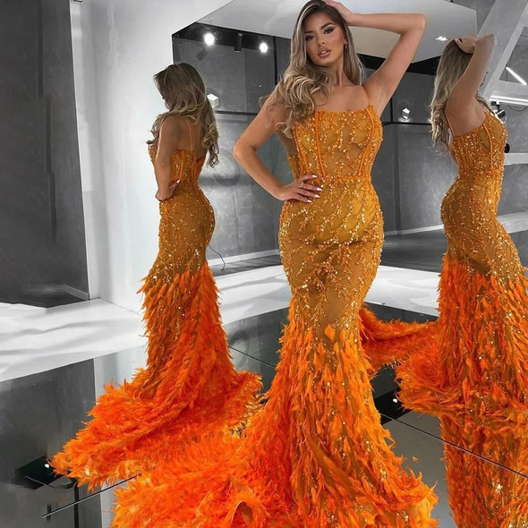 Orange Luxury Feathers Beaded Gown
