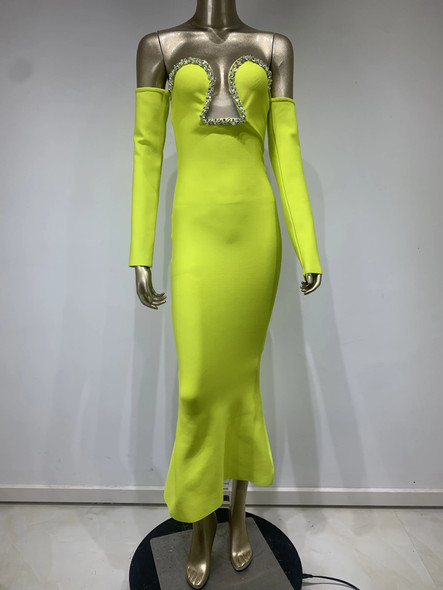 Green Off Shoulder Beaded Maxi Dress 