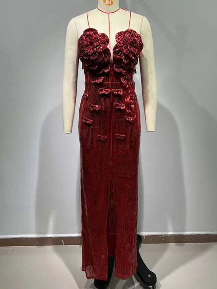 Red Strapless Flower Maxi Dress