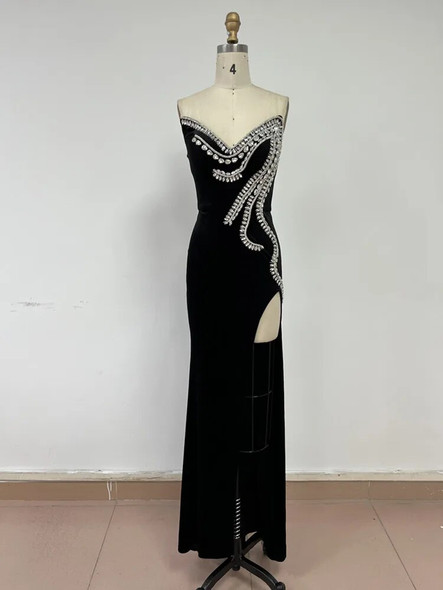 Strapless Beaded Black Maxi Dress 