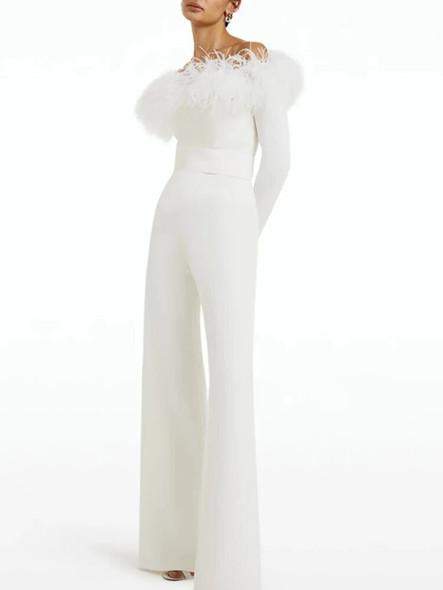 Long Sleeve Spliced Feather Jumpsuit