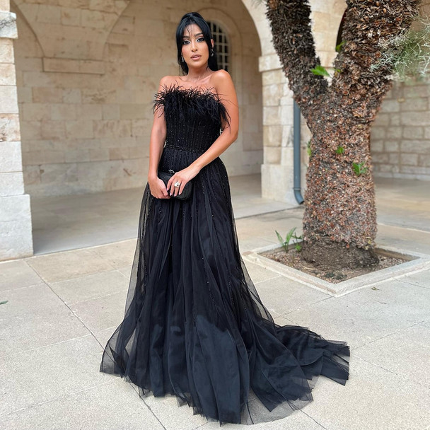 Feathered Luxury Dubai Black Gown
