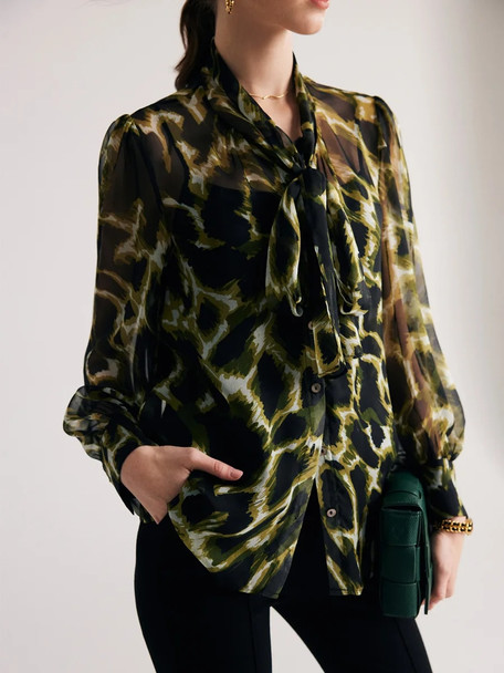 Silk Whisper Camo Print Bow Blouse