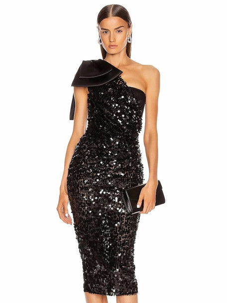 One Shoulder Bow Sequined Midi Dress