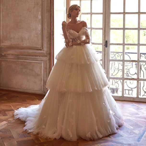 Off Shoulder Tiered Skirt Wedding Dress