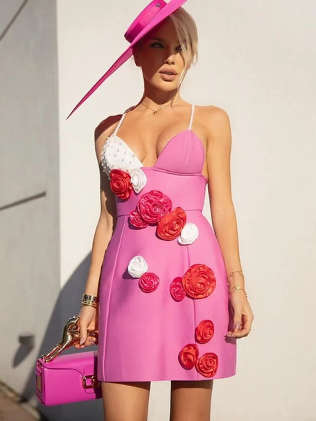 Pink A Line Floral Mini Dress 