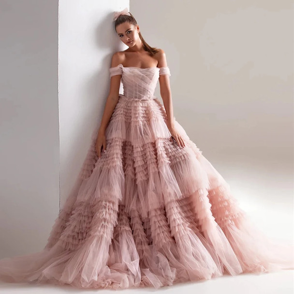 Blush Pink Ruffled Wedding Dress 