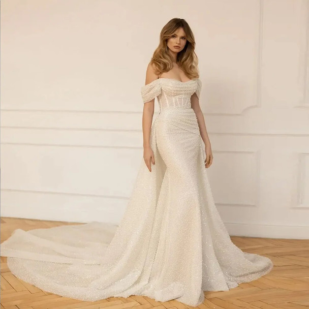 Sequin Beaded Wedding Dress with Detachable Train 