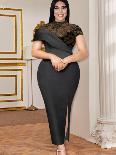 Plus Size Black High Neck Lace Dress