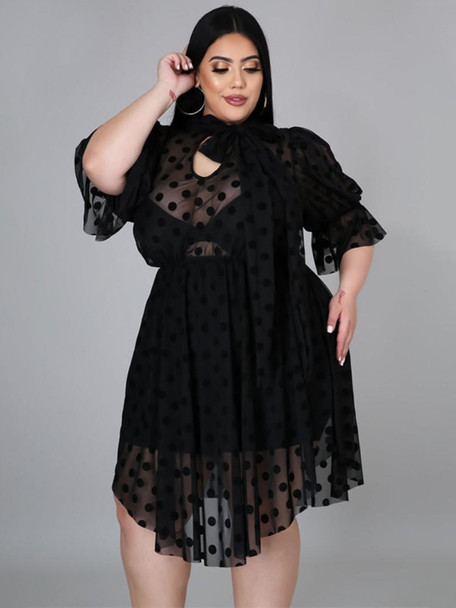 Plus Size Sheer Black Polka Dot Dress