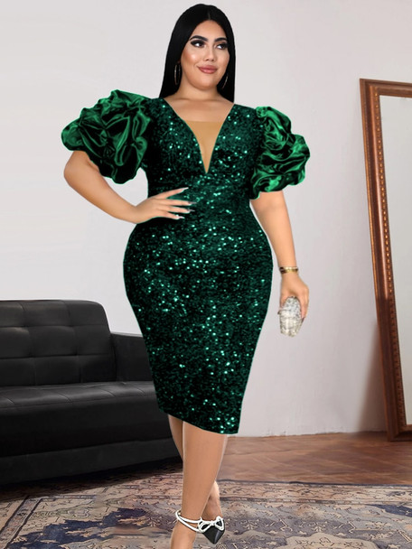 Plus Size V Neck Sequined Puff Midi Dress