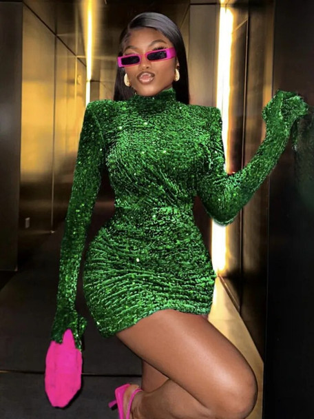 Green Velvet Sequined Bodycon Dress 