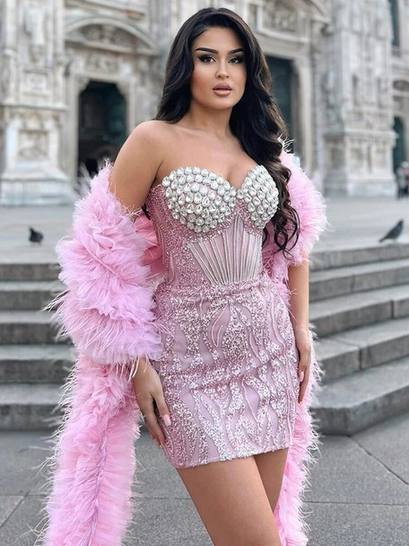 Strapless Pink Sequin Mini Gown