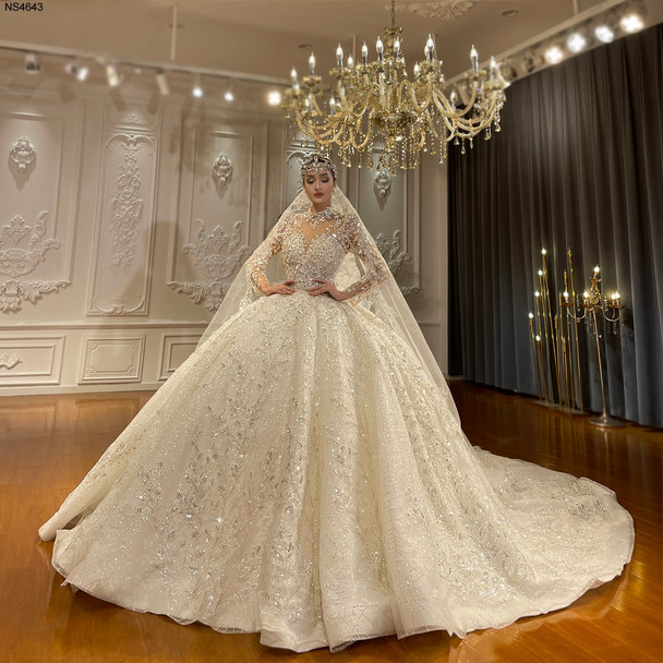 High Neck Sparkling Lace Bridal Dress