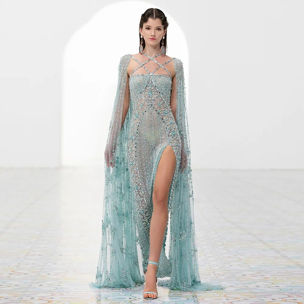 Aqua Mermaid Evening Gown with Cape