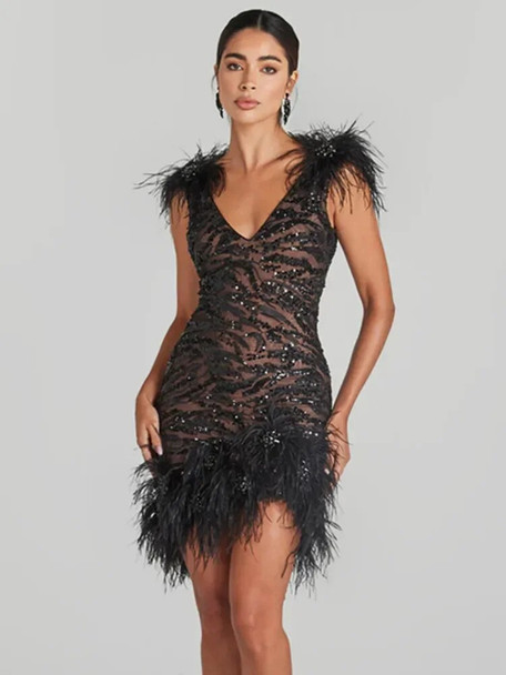 Glamorous Sequined V-Neck Feathered Dress