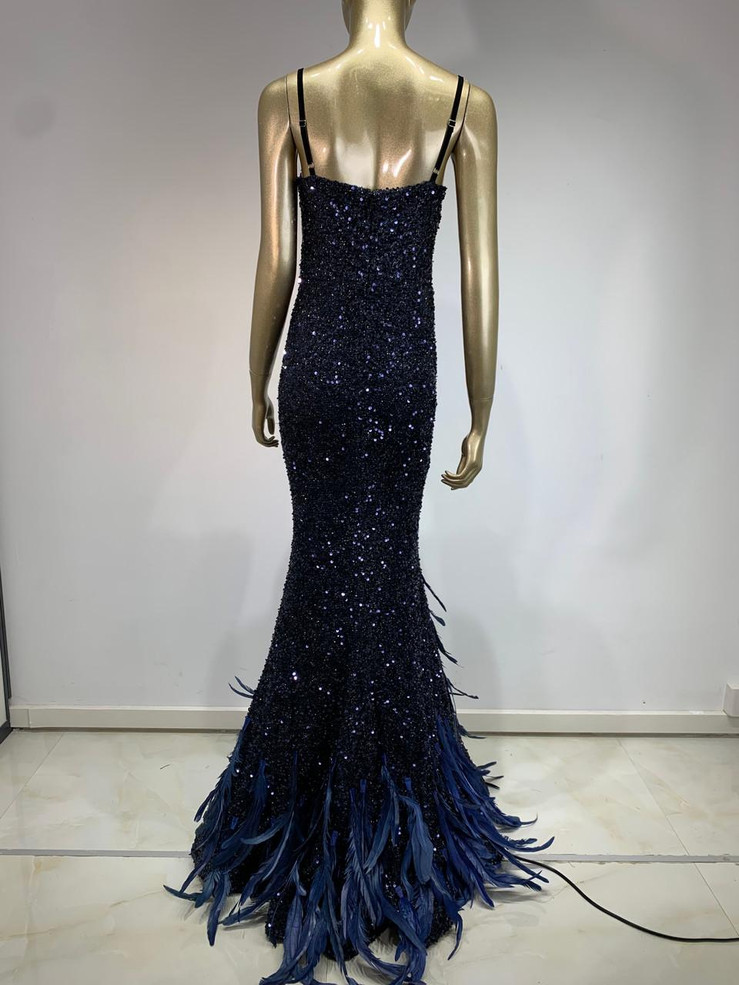Grrly Grrls Ethereal Blue Feathered Maxi Dress 