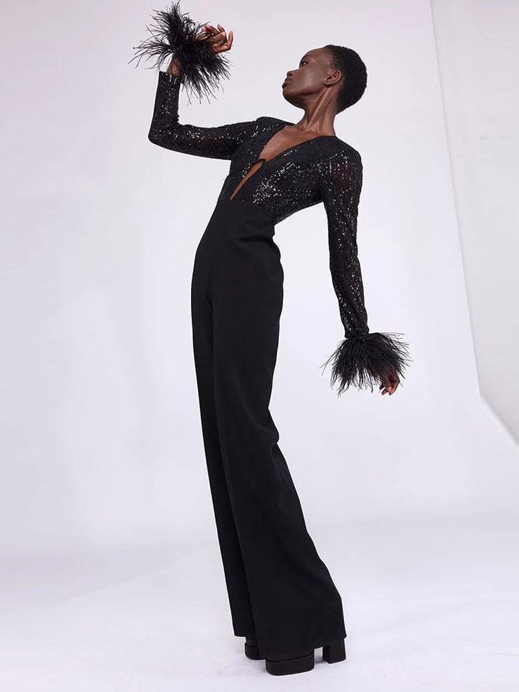 Grrly Grrls Black Opulence Feathered Jumpsuit 
