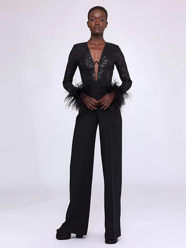 Grrly Grrls Black Opulence Feathered Jumpsuit 