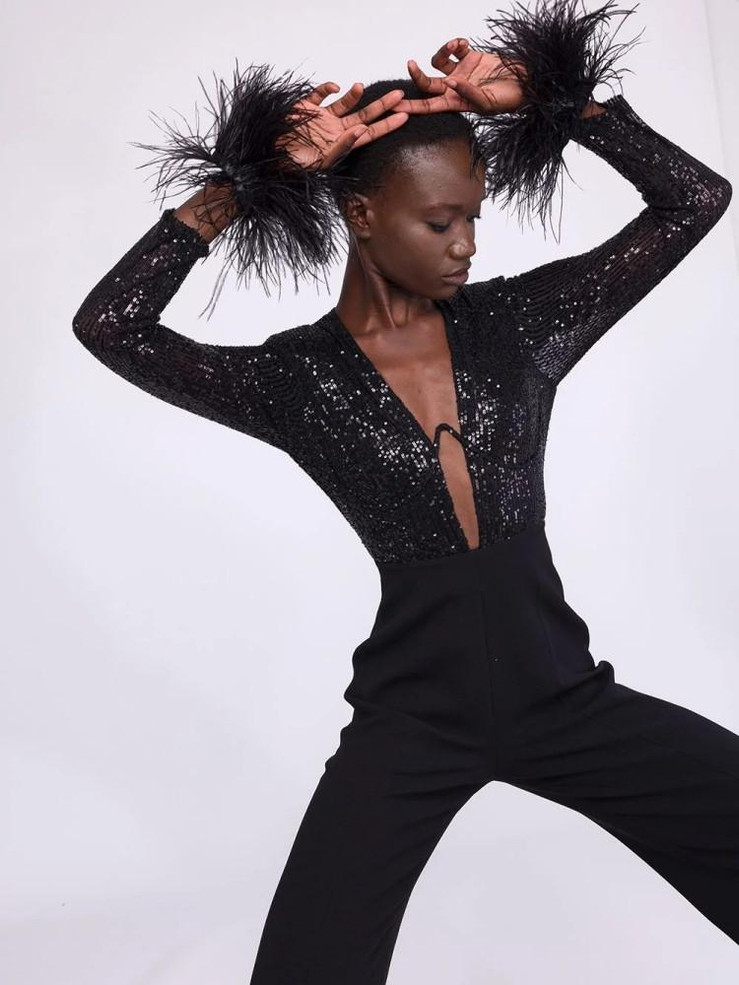 Grrly Grrls Black Opulence Feathered Jumpsuit 