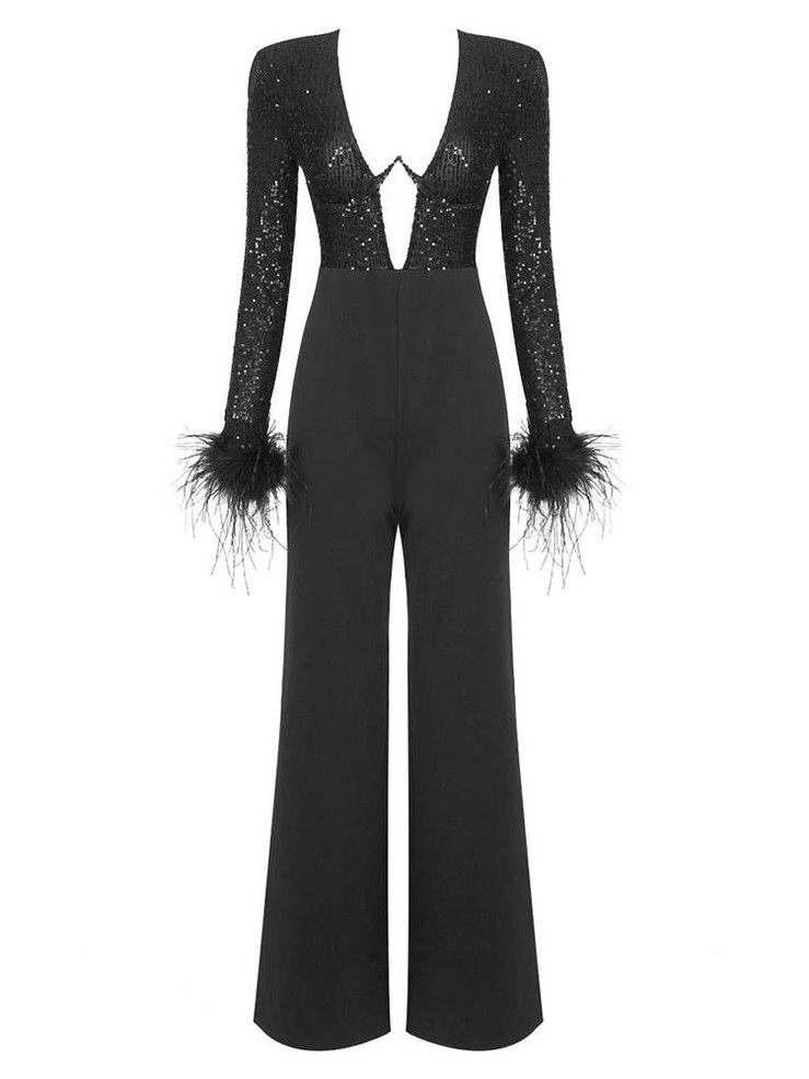 Grrly Grrls Black Opulence Feathered Jumpsuit 