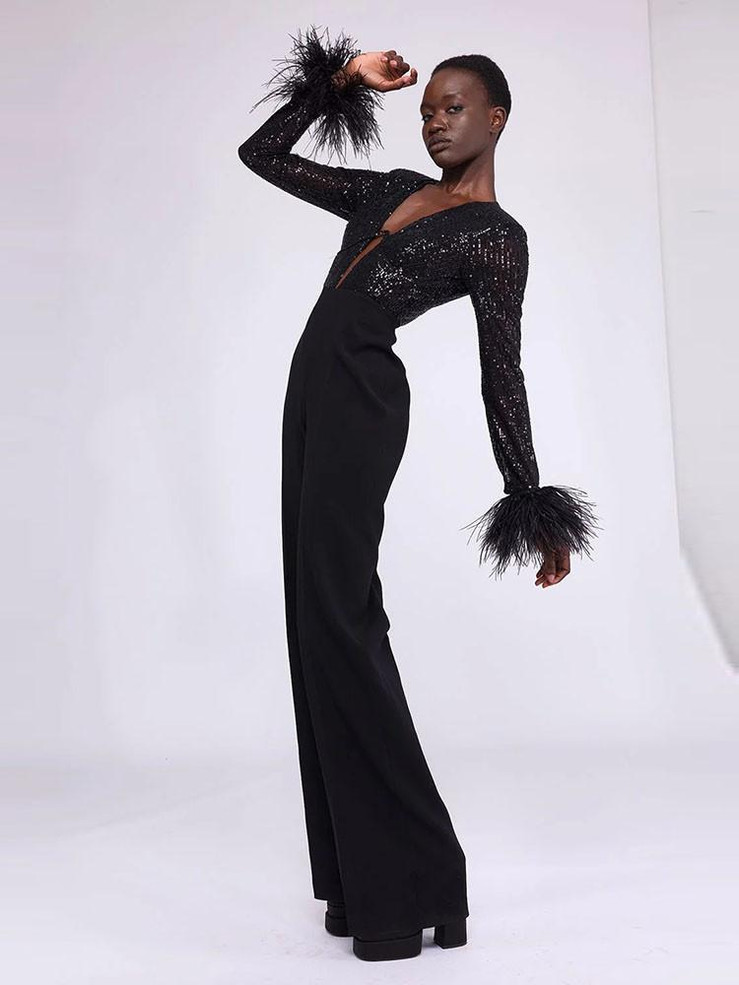 Grrly Grrls Black Opulence Feathered Jumpsuit 