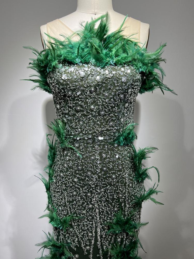 Grrly Grrls Emerald Feather Strapless Maxi Dress  