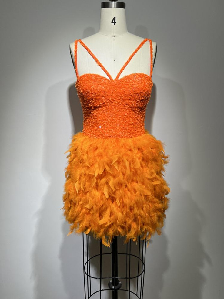 Grrly Grrls Tangerine Eclipse Feathered Mini Gown 