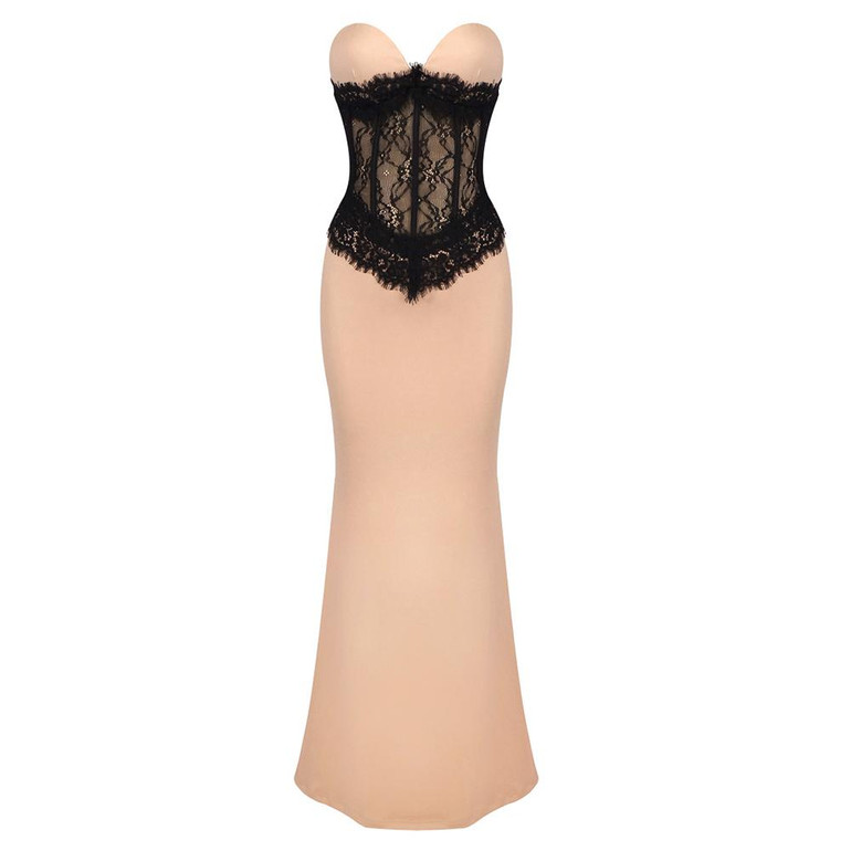 Lace Waist Strapless Gown 