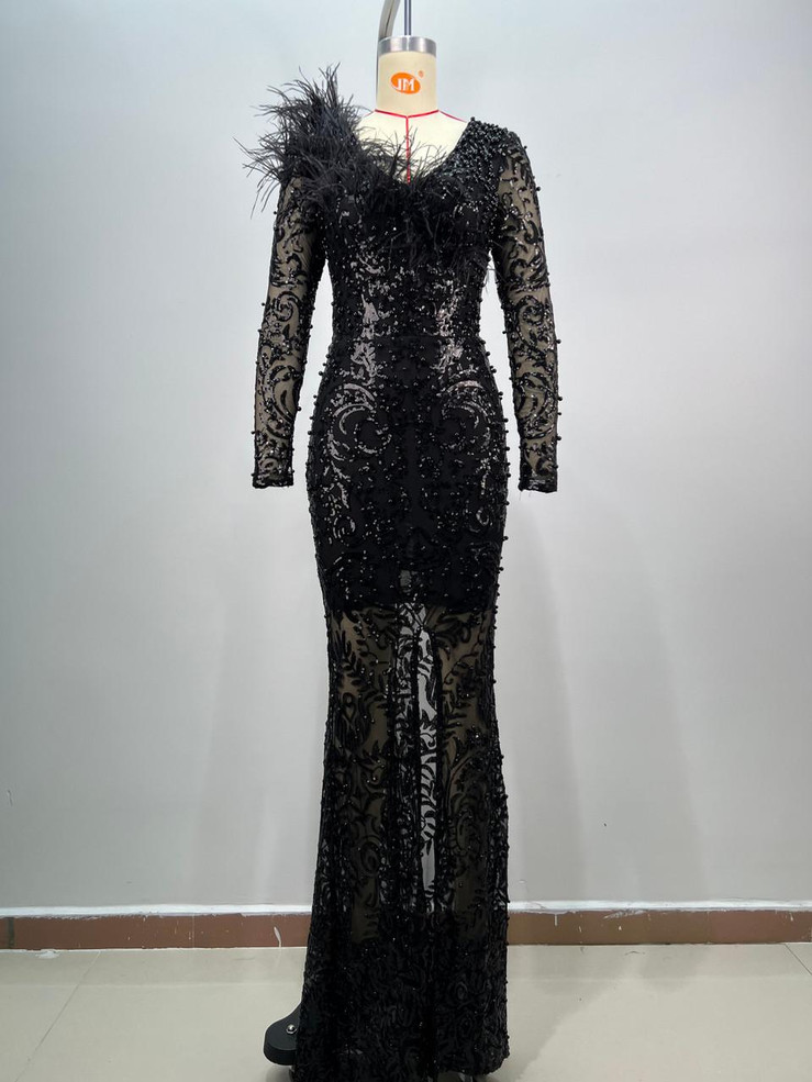 Grrly Grrls Obsidian Plume – Black Feather Mesh Gown 