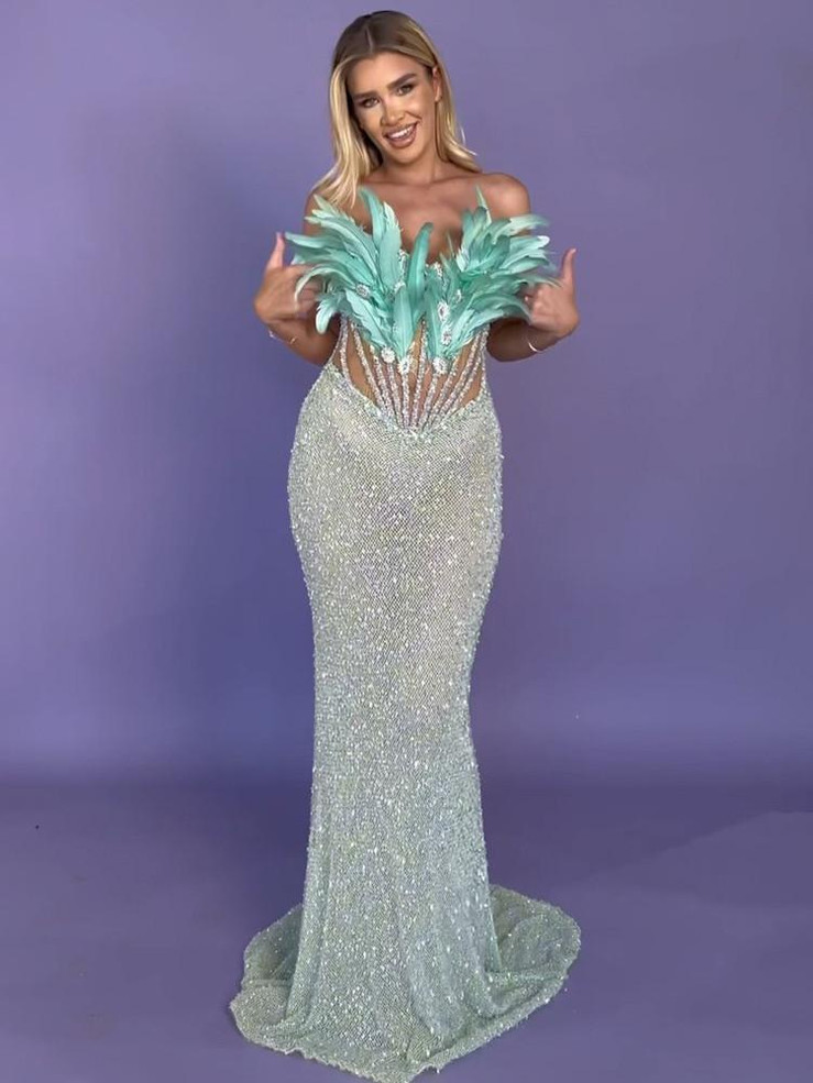  Feathered Elegance Strapless Gown  