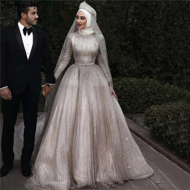 Luxury Long Sleeve Muslim Wedding Dress High Neck Hijab Islamic Bridal Gowns  Satin Appliques Pearls Arabic Robe De Mariée - AliExpress