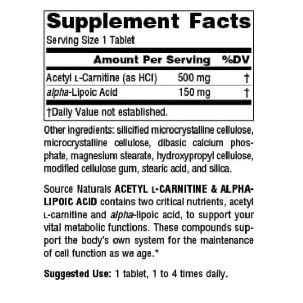  Source Naturals Acetyl L-Carnitine and Alpha Lipoic Acid 650mg 60 Tabs 