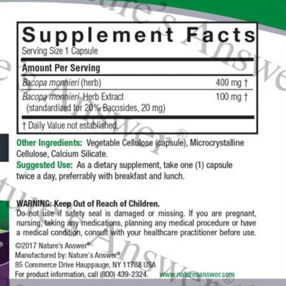  Nature's Answer Bacopa 500mg 90 Capsules 
