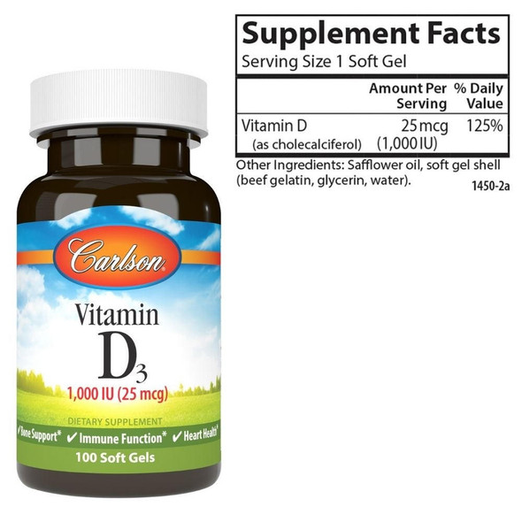  Carlson Vitamin D 1,000IU 100 Softgels 