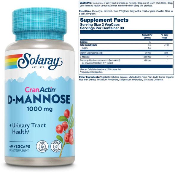  Solaray CranActin D-Mannose 1000mg 60 Capsules 