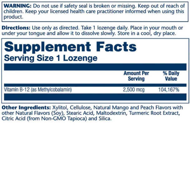 Solaray Solary Methyl B-12 2,500mcg Mango Peach 60 Lozenges 