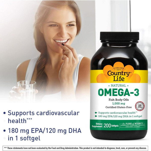  Country Life Omega-3 Fish Oil 1000mg 200 Softgels 