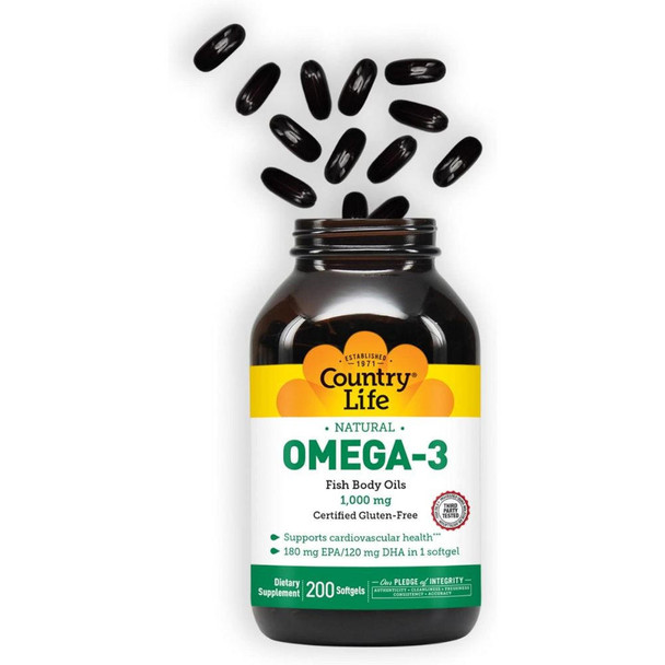  Country Life Omega-3 Fish Oil 1000mg 200 Softgels 