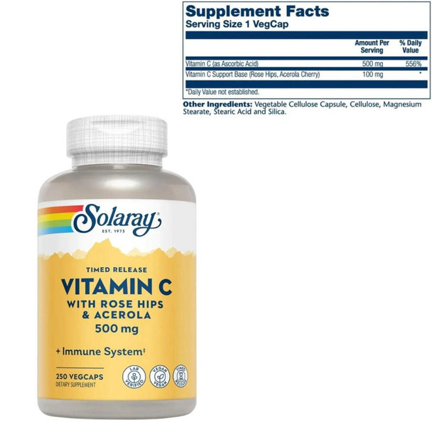  Solaray Vitamin C Time Release w/ Rose Hips & Acerola 500mg 250 Capsules 