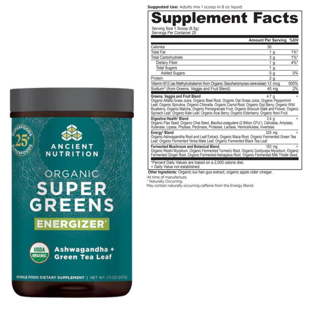  Ancient Nutrition Organic Super Greens Energizer 25 Servings 