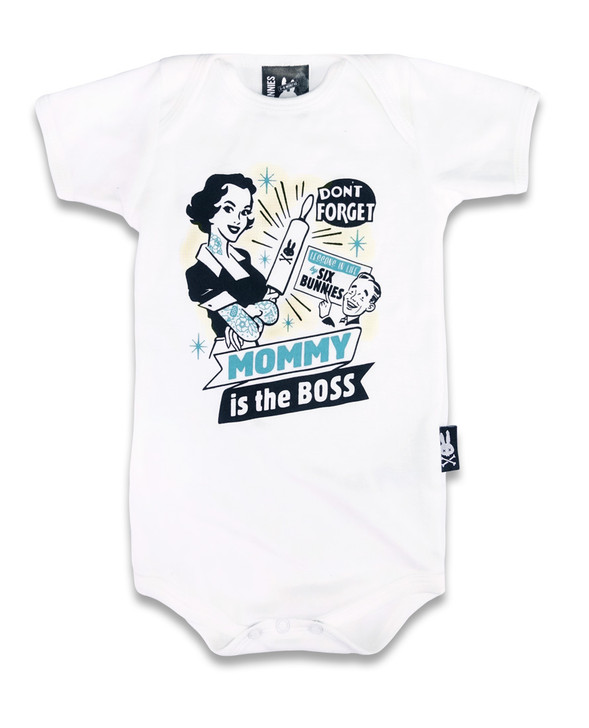 Six Bunnies Mum is the Boss Funny Baby Romper