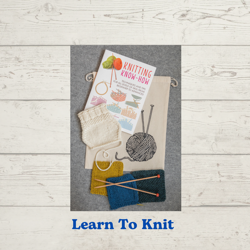 Learn to Knit Level One class -- picture shows Knitting Know-How book, project bag, knitted swatches, knitting needles