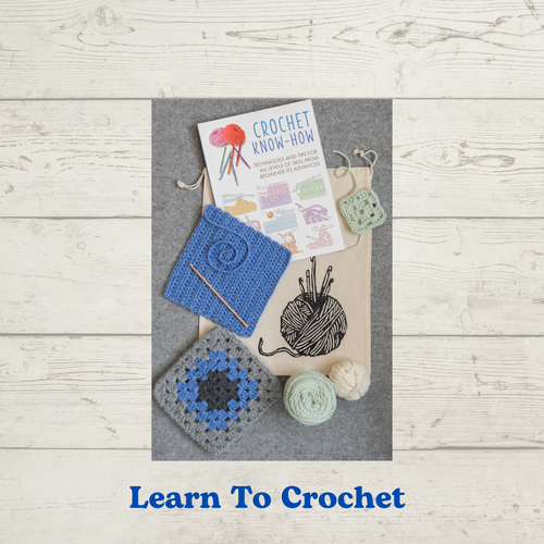 Learn to Crochet class -- picture shows Crochet Know-How book, project bag, crocheted squares, crochet hook, balls of yarn